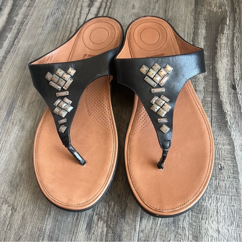 NWOB Fitflop  BANDA II Crystal Leather Toe-Post Sandals size 9 black